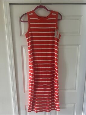 Serra Coral & White Striped Sleeveless Midi Dress - large